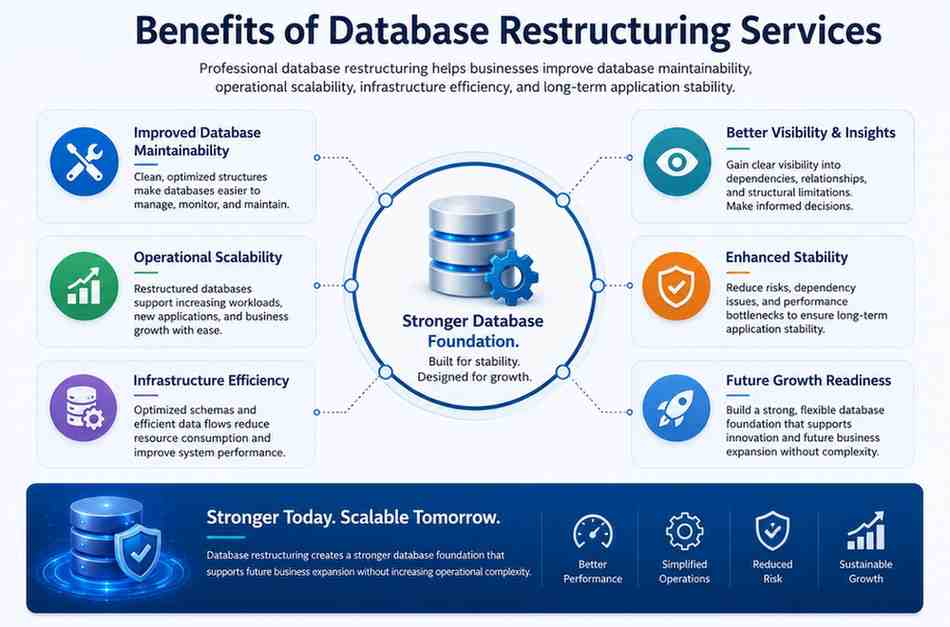 Benefits of database restructuring services illustration showing improved database maintainability, operational scalability, infrastructure efficiency, enhanced stability, dependency visibility, and future-ready database architecture.