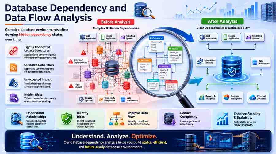 Database dependency and data flow analysis diagram showing interconnected applications, database relationships, hidden dependencies, and optimized data flow architecture for improved system stability and maintainability.