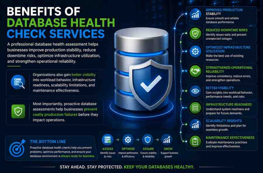 Database Health Check illustration showing database performance analysis, infrastructure monitoring, operational reliability assessment, scalability evaluation, and proactive risk detection.