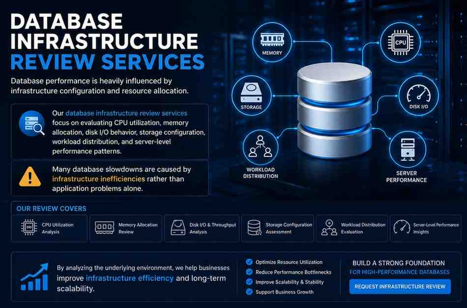 Database Infrastructure Review Services illustration showing CPU analysis, memory allocation review, disk I/O monitoring, storage optimization, workload distribution, and server performance assessment.