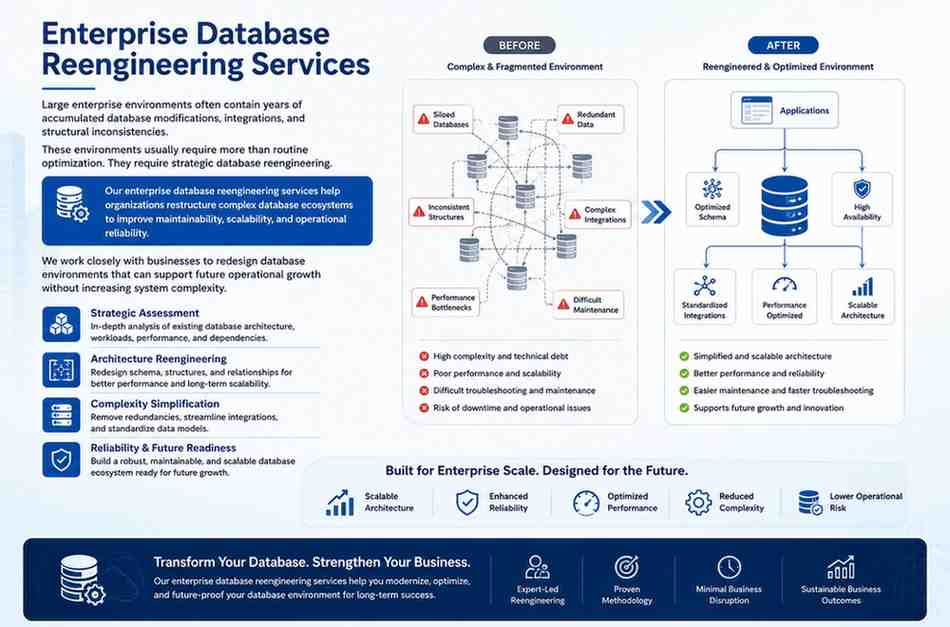 Enterprise database reengineering services illustration showing transformation of complex legacy database environments into scalable, optimized, and maintainable enterprise database architecture.
