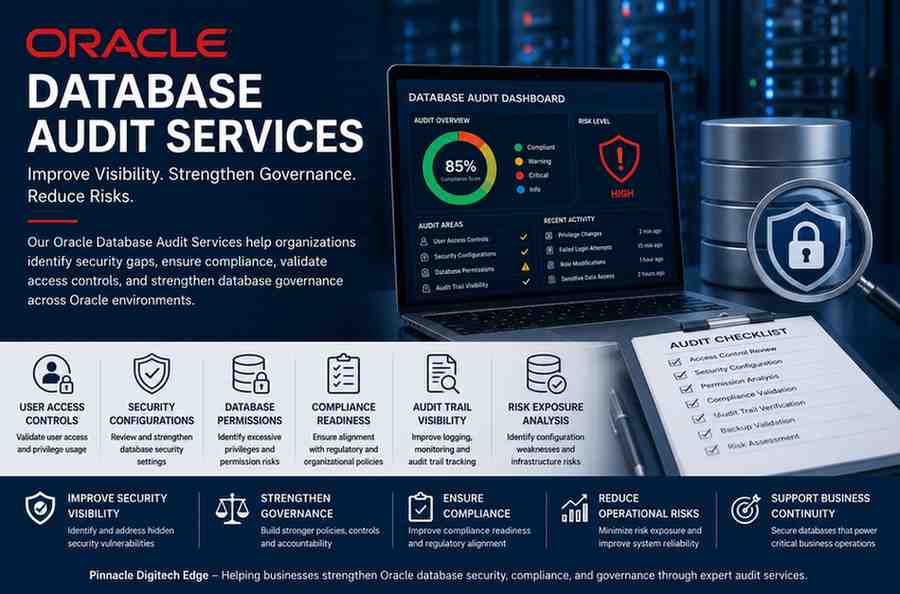 Oracle Database Audit Services helping organizations identify security risks, review user permissions, validate compliance controls, and strengthen database governance