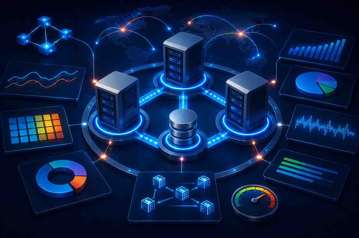 Futuristic Oracle RAC cluster optimization illustration showing interconnected enterprise servers, workload distribution, cache synchronization, and database performance monitoring dashboards.