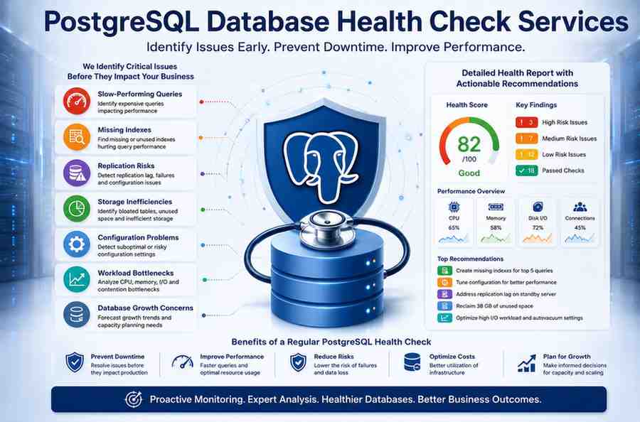 Professional infographic representing PostgreSQL Database Health Check services with performance analysis, query optimization, replication monitoring, storage assessment, and database stability evaluation.