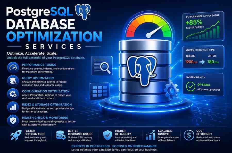 Professional PostgreSQL Database Optimization Services illustration featuring performance tuning, query optimization, scalable database architecture, monitoring dashboards, and high-speed database performance visuals.