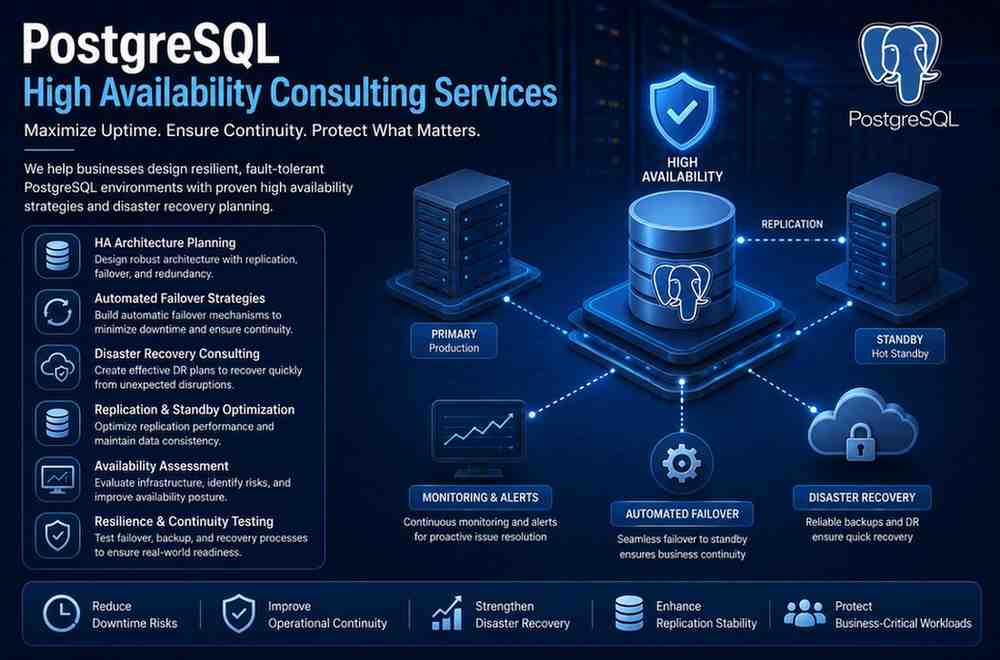 PostgreSQL high availability services for building fault-tolerant, replicated, and continuously available database environments with minimal downtime.