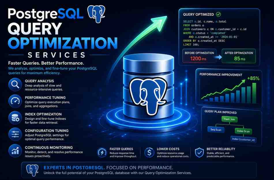 Professional PostgreSQL Query Optimization Services banner featuring database performance tuning, query analysis, indexing optimization, execution plan improvements, and scalable PostgreSQL infrastructure visuals.