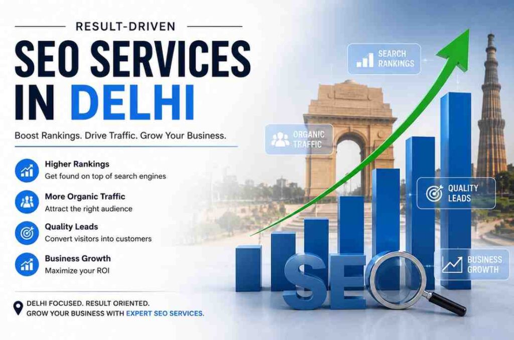 SEO Services in Delhi illustration showing website optimization, search engine ranking growth, keyword analysis, digital marketing strategy, and online business visibility improvement.