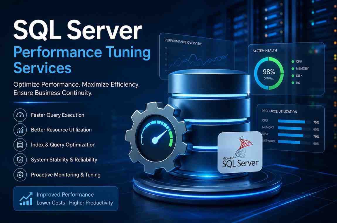 Professional SQL Server performance tuning services banner showing database optimization, query tuning, server monitoring dashboards, and enterprise database performance enhancement visuals.