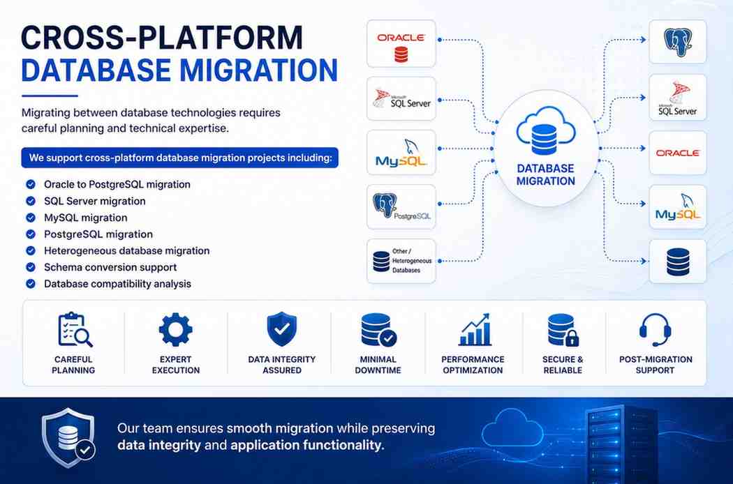 Cross-Platform Database Migration services infographic showing Oracle, SQL Server, MySQL, and PostgreSQL migration with schema conversion, database compatibility analysis, secure data transfer, and minimal downtime solutions.