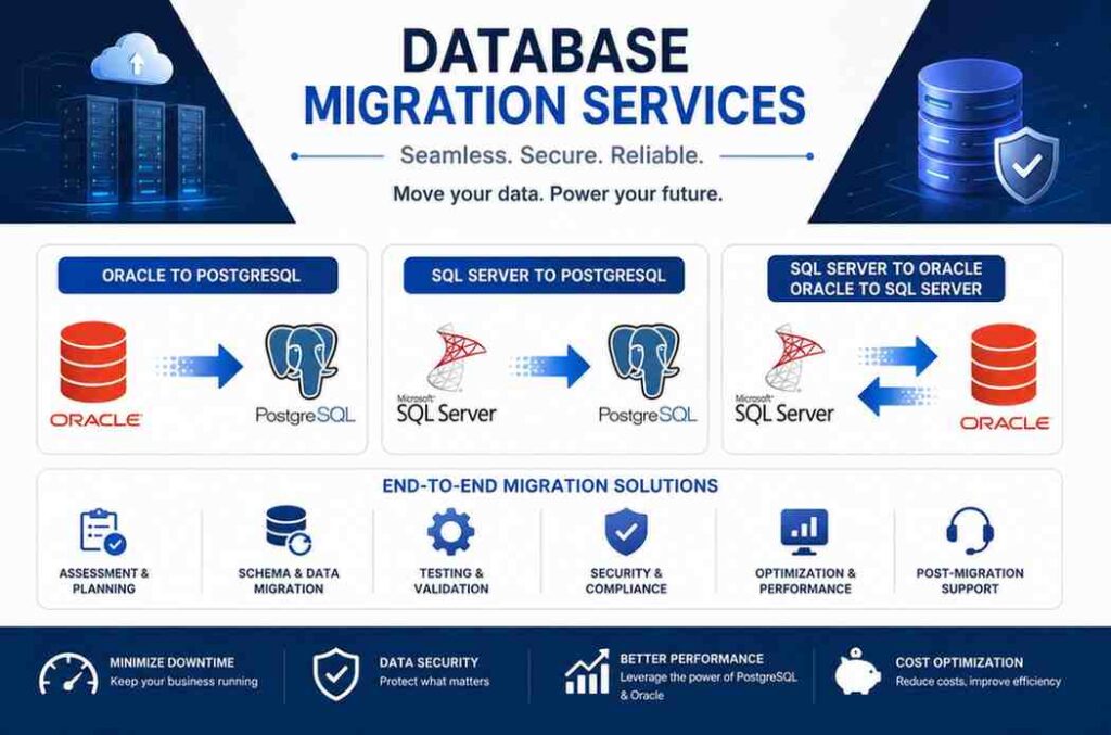 Professional database migration services infographic showing Oracle to PostgreSQL migration, SQL Server to PostgreSQL migration, and SQL Server to Oracle migration with secure data transfer, performance optimization, and end-to-end migration solutions.