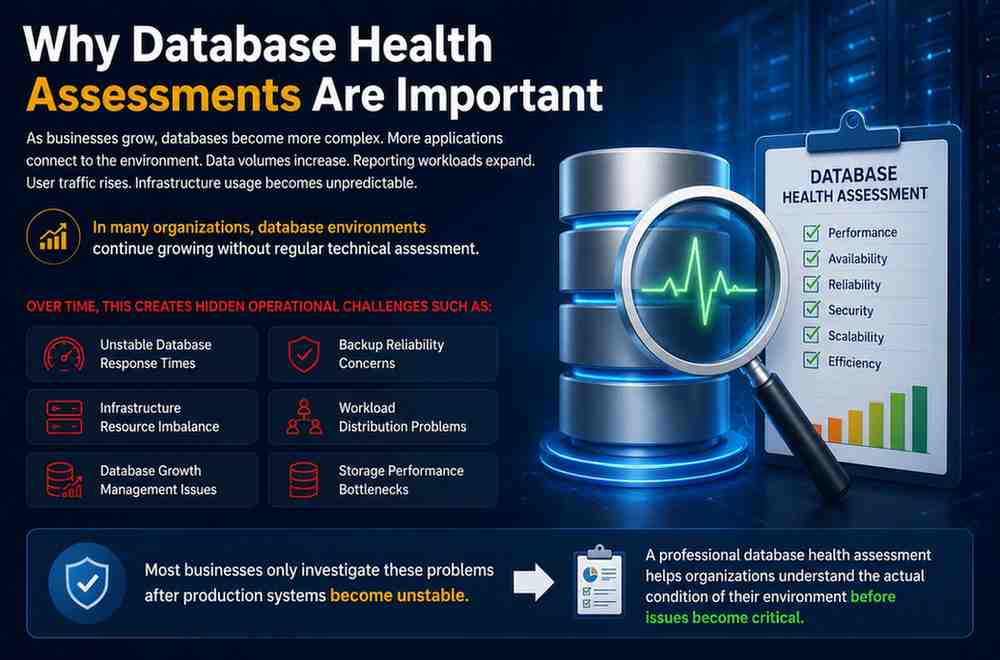 Database Health Assessment illustration showing database performance monitoring, infrastructure analysis, workload management, storage optimization, and system stability evaluation.