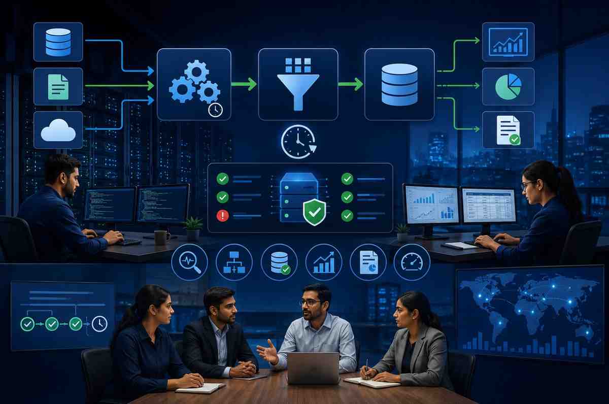 Batch Job and ETL Production Support environment with automated workflows, data pipelines, enterprise reporting systems, ETL monitoring, and high-volume data processing operations.