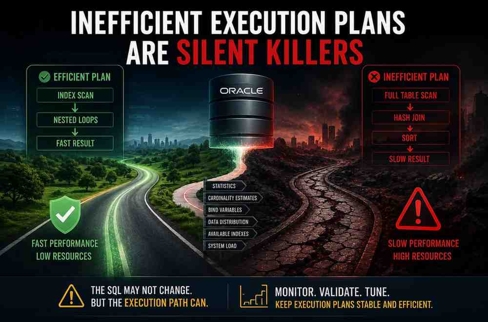 Oracle database performance concept image showing how inefficient execution plans, full table scans, stale statistics, and changing optimizer decisions can cause severe enterprise database slowdowns over time.