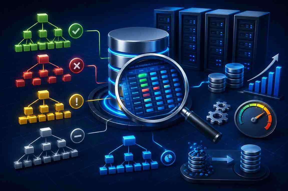 Futuristic Oracle index optimization illustration showing database indexing analysis, fragmented index repair, query performance monitoring, and enterprise database tuning visuals.