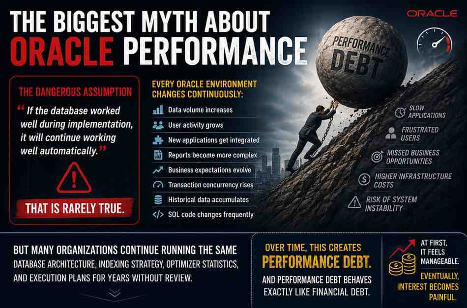Enterprise Oracle Performance Tuning concept showing how growing data volume, increasing user activity, inefficient execution plans, and outdated indexing strategies create long-term database performance debt in Oracle environments.