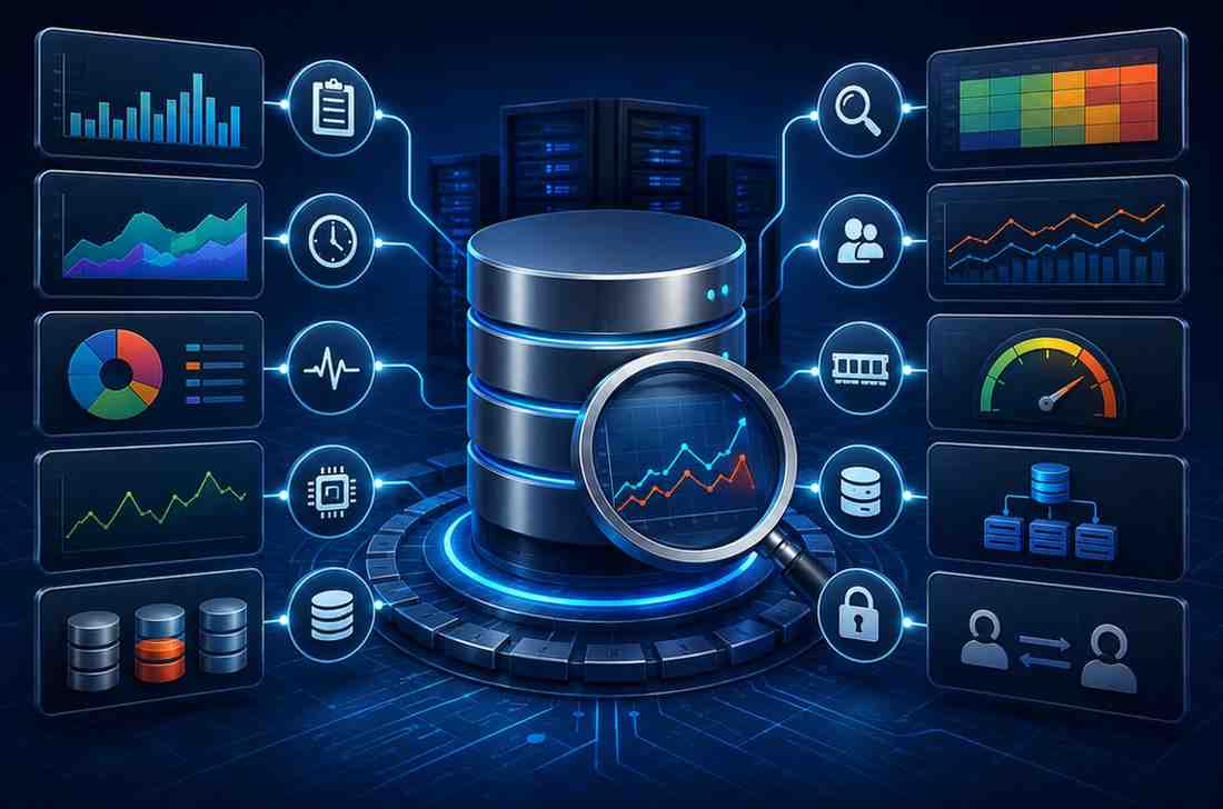 Futuristic Oracle database performance tuning concept showing enterprise servers, analytics dashboards, query monitoring, IO analysis, CPU utilization tracking, and database optimization workflow.