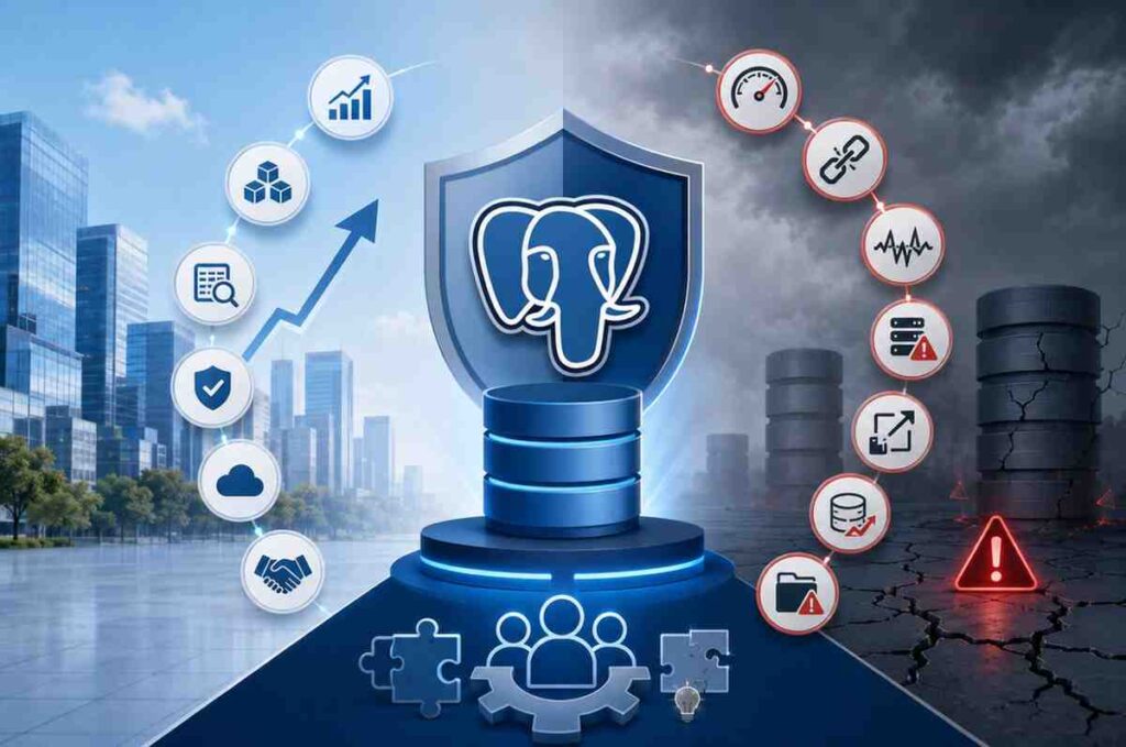 Professional illustration representing PostgreSQL consulting services with enterprise database optimization, scalability, cloud compatibility, performance tuning, and infrastructure stability concepts.