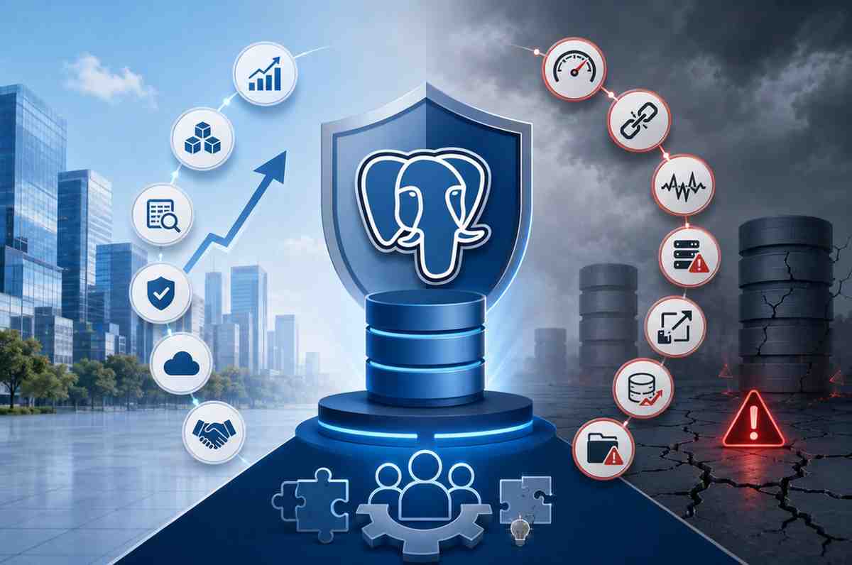 Professional illustration representing PostgreSQL consulting services with enterprise database optimization, scalability, cloud compatibility, performance tuning, and infrastructure stability concepts.