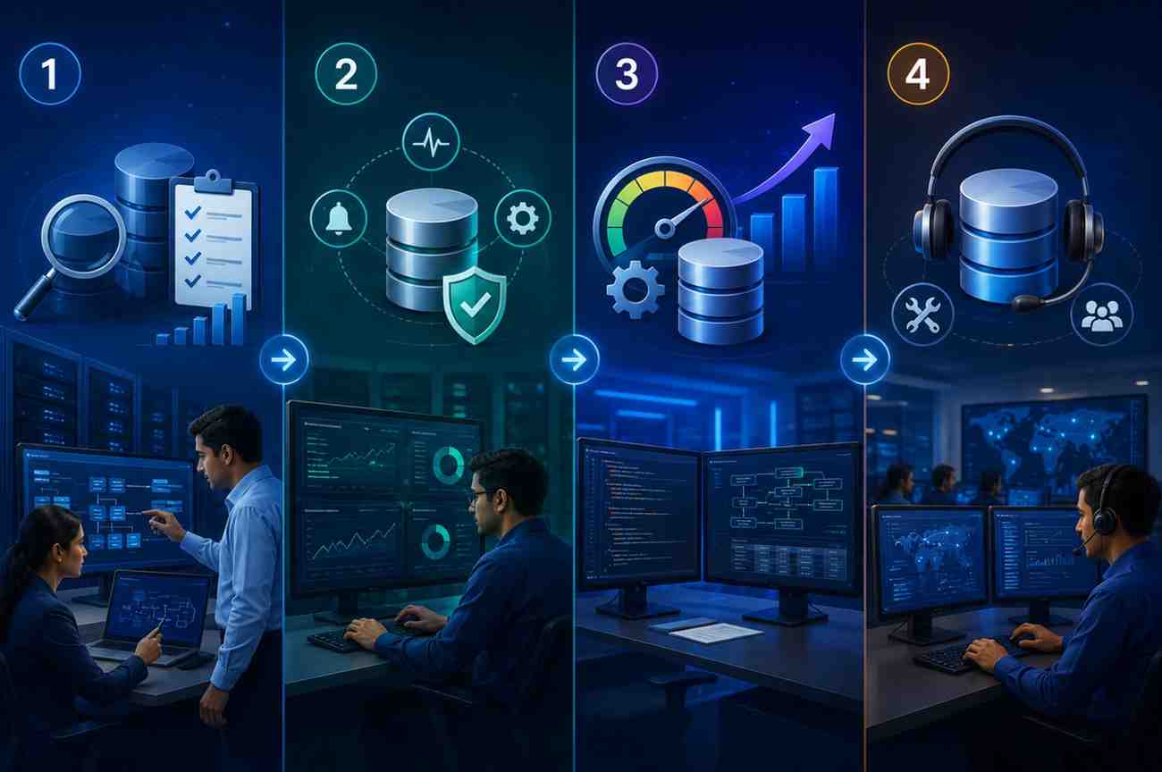 Database Performance Optimization process showing database assessment, monitoring, query tuning, workload optimization, production support, and enterprise database management operations.
