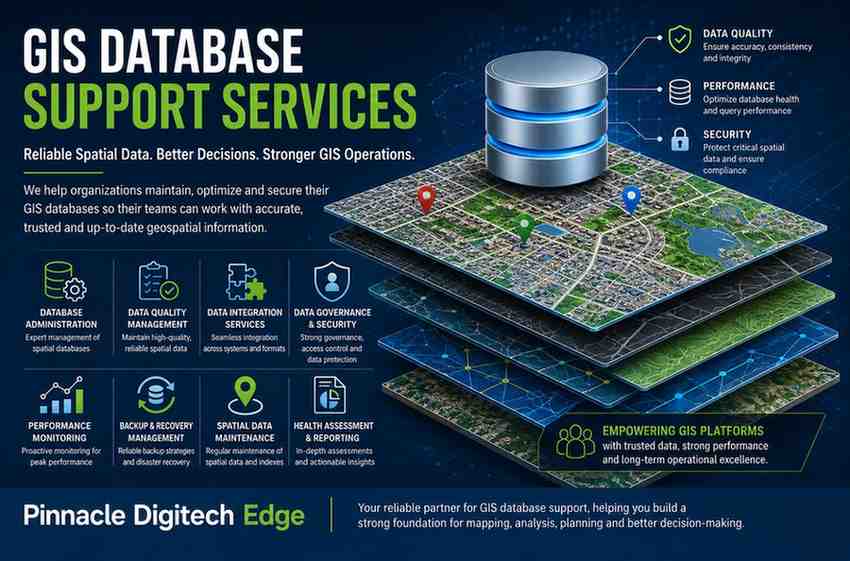 GIS Database Support Services for spatial data management, GIS administration, data governance, integration, and performance monitoring.