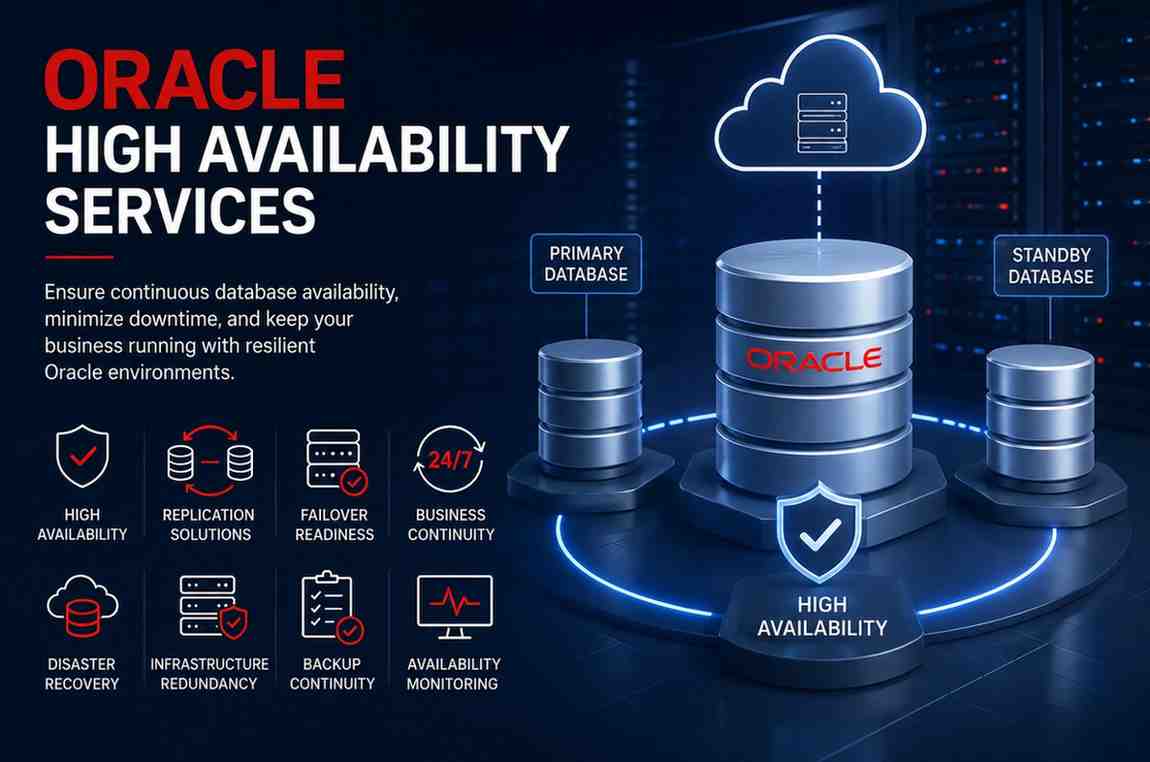 Oracle High Availability Services with primary database, standby database, failover architecture, replication strategy, and business continuity planning