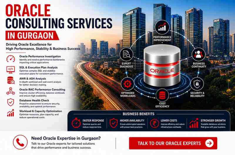 Oracle Consulting Services in Gurgaon for Oracle performance investigations, SQL diagnostics, AWR analysis, workload optimization, and enterprise database consulting.