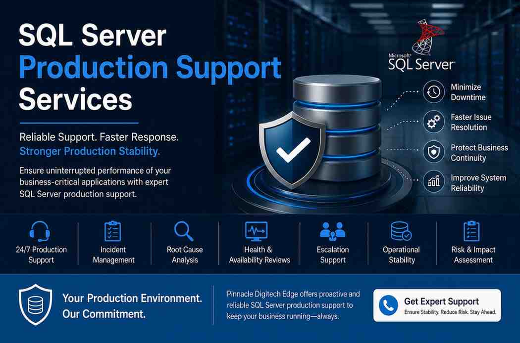 SQL Server Production Support Services providing rapid troubleshooting, incident response, database recovery assistance, and production issue resolution for critical SQL Server environments