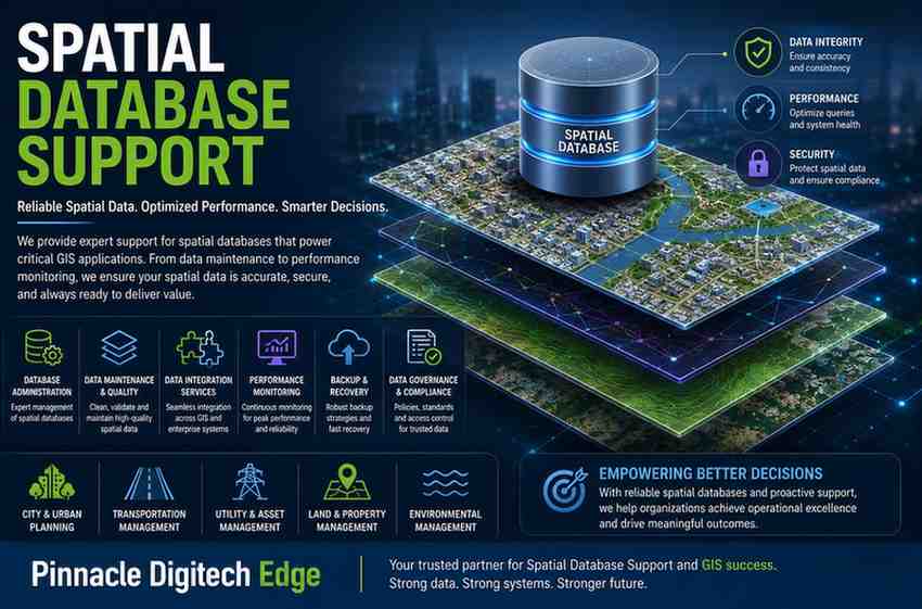 Spatial Database Support services for GIS platforms, geospatial data management, database maintenance, and performance optimization.