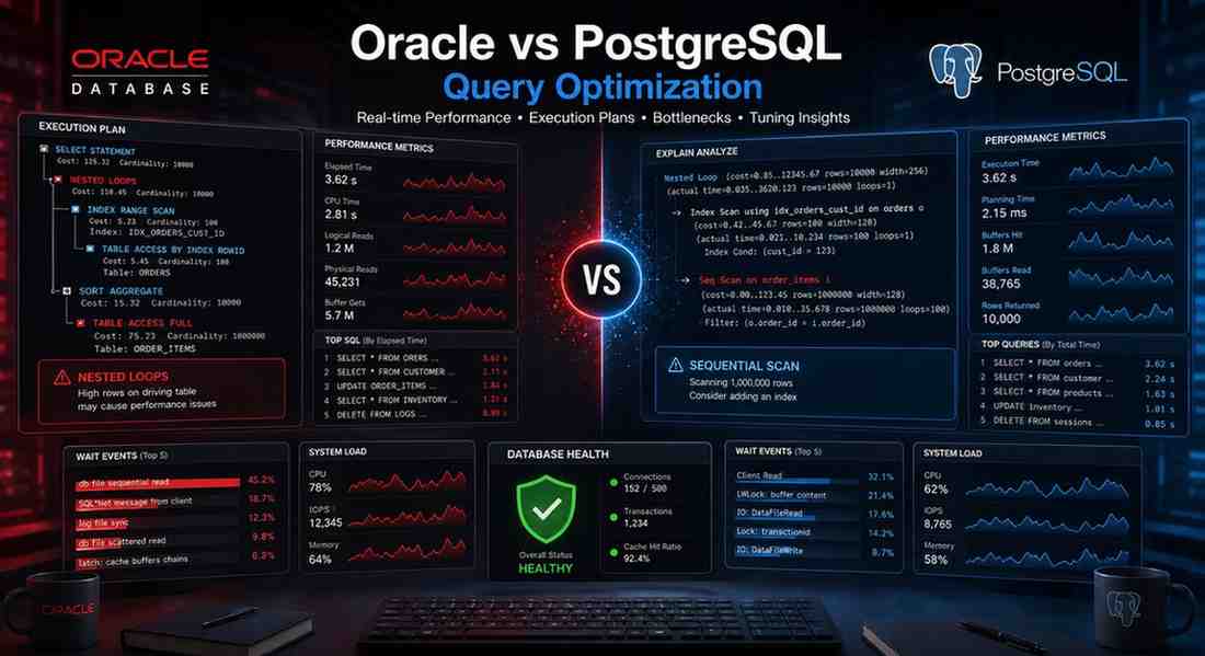 Comparison of PostgreSQL Optimization vs Oracle Optimization techniques including query tuning, indexing, memory management, performance monitoring, and scalability improvements.