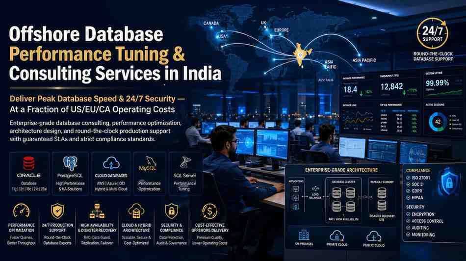 Offshore database consulting team in India monitoring Oracle, PostgreSQL, and cloud database performance dashboards with 24/7 enterprise support and global connectivity.